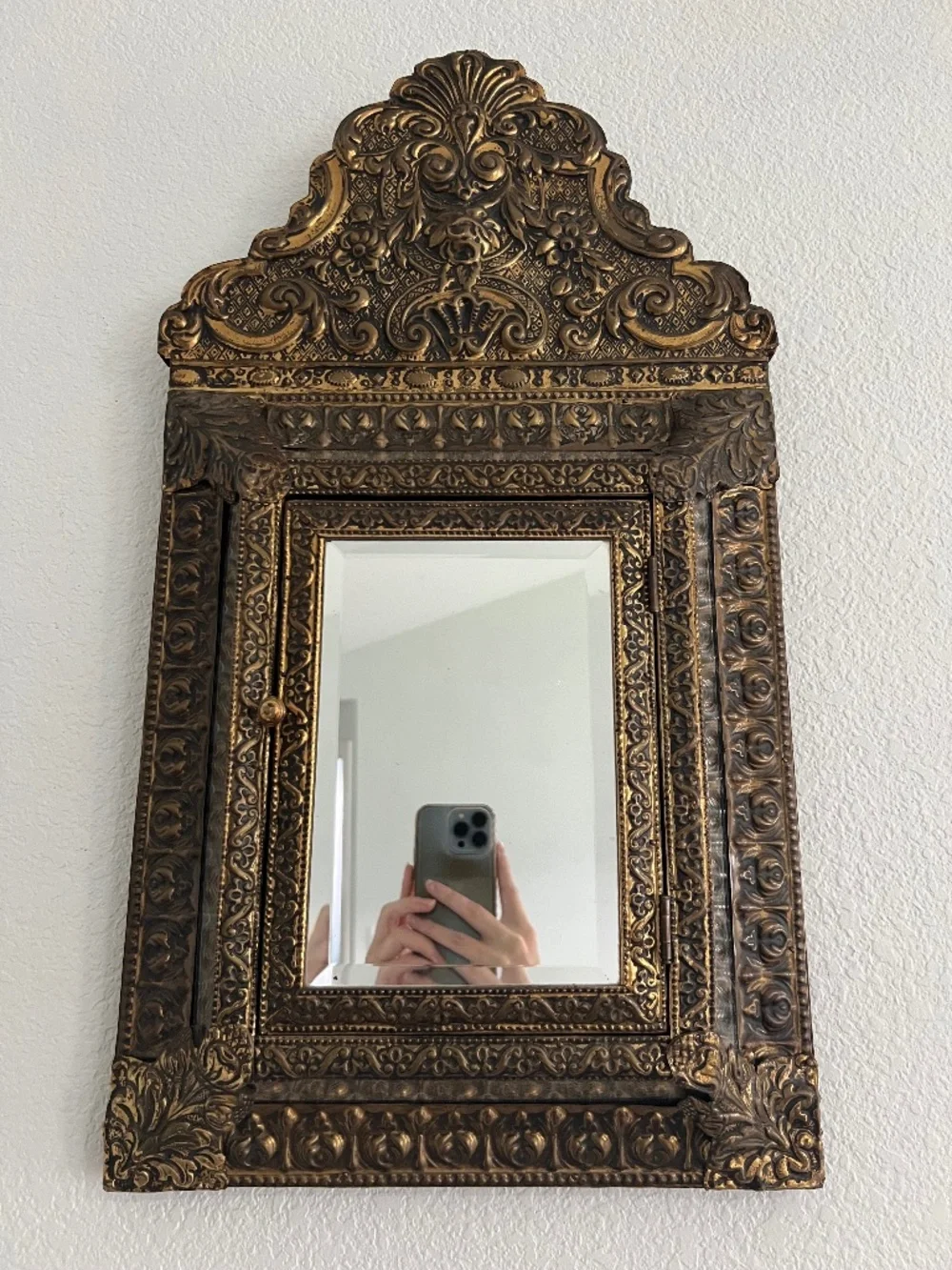 Antique Dutch copper & brass mirror/brush cabinet